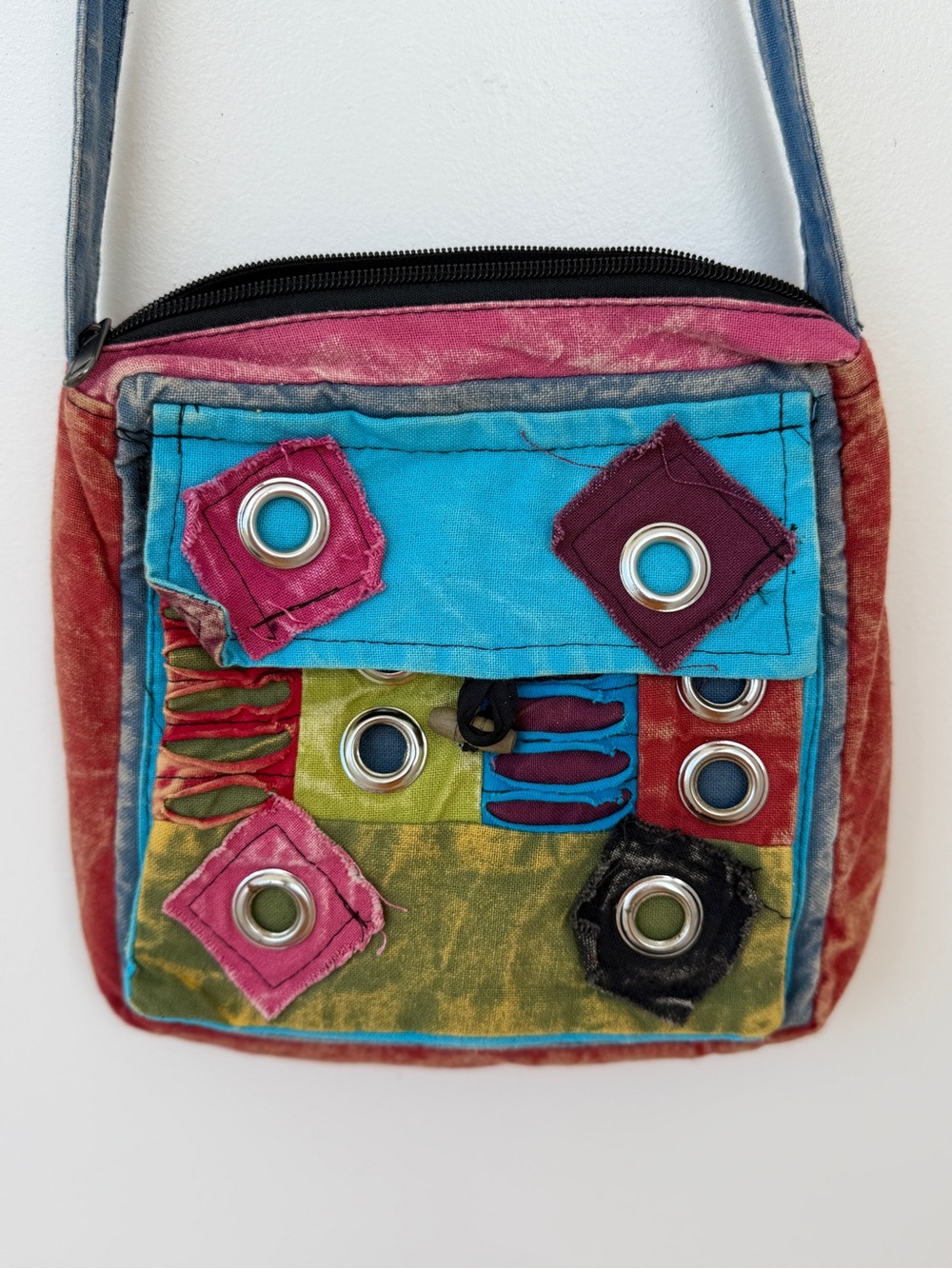 Hobo crossbody bag teal green color silver circular buttons Indian 100% cotton